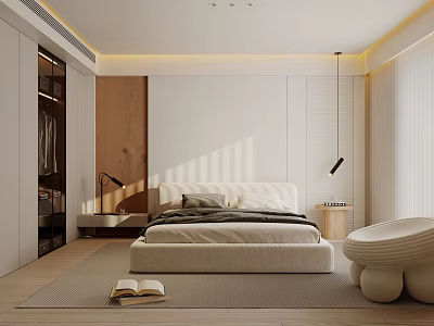 Modern Bedroom Interior Design With Minimalist Bed Wooden Wardrobe And Pendant Light 3d model