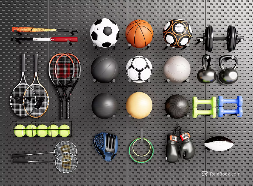 Diverse Sports Equipment Collection with Tennis Rackets Basketball Dumbbells Kettlebells and Boxing Gloves 3d model 