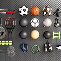 Diverse Sports Equipment Collection with Tennis Rackets Basketball Dumbbells Kettlebells and Boxing Gloves