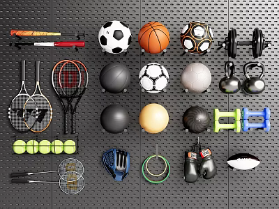 Diverse Sports Equipment Collection with Tennis Rackets Basketball Dumbbells Kettlebells and Boxing Gloves 3d model