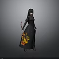 Young Child In Black Long Dress With Flame Pattern Holding Red Decorated Item