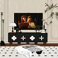 Elegant Black TV Stand with White Decorative Patterns TV Lamp and Ornaments