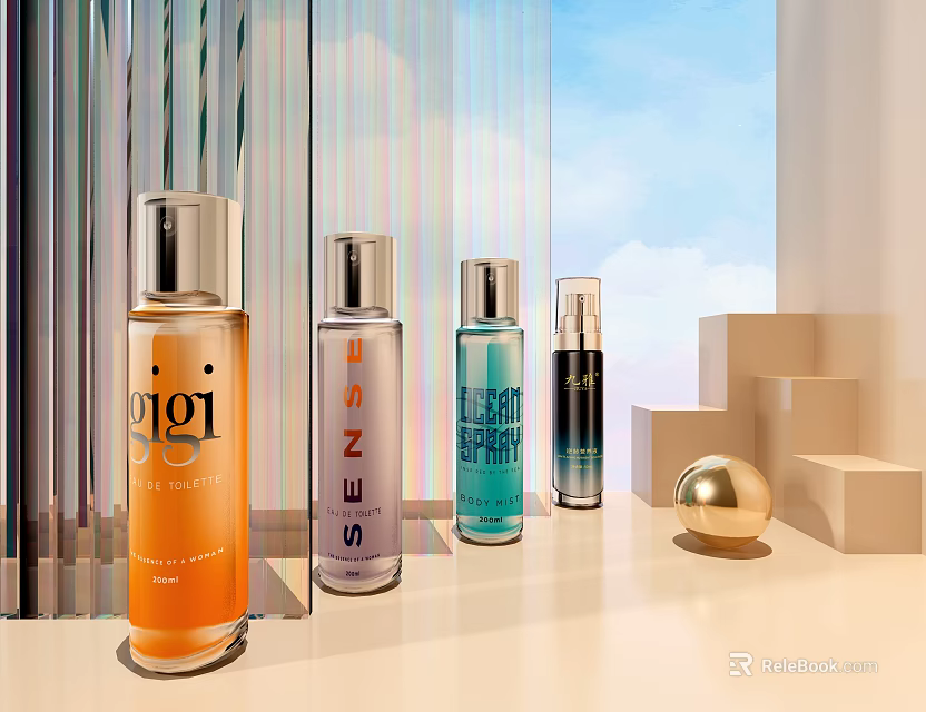 Assortment Of Stylish Cosmetic Perfume Bottles In Modern Interior 3d model 