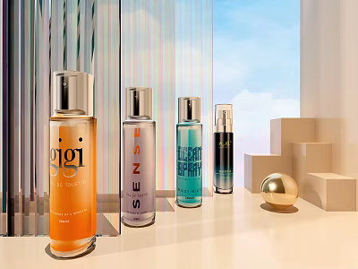 Assortment Of Stylish Cosmetic Perfume Bottles In Modern Interior 3d model