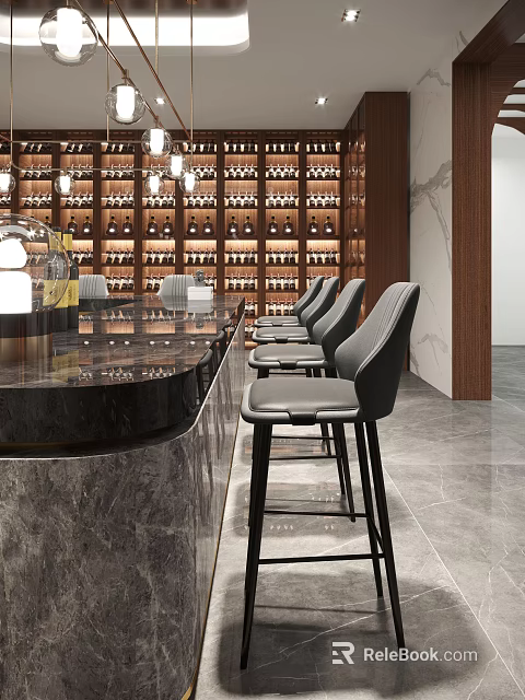 Modern Bar Counter Interior With Stone Top Wine Racks And Gray Bar Stools 3d model 