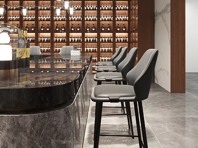 Modern Bar Counter Interior With Stone Top Wine Racks And Gray Bar Stools 3d model