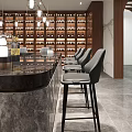 Modern Bar Counter Interior With Stone Top Wine Racks And Gray Bar Stools