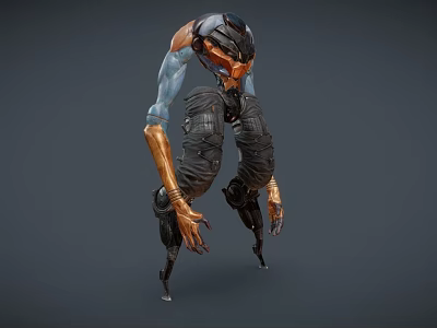 Sci Fi Armored Character and Mechanical Creature With Black Gold Armor and Blue Skin 3d model