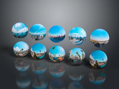 Cartoon Scene Featuring Spheres With City Landscapes And Natural Scenery In Rows With Reflections 3d model