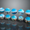 Cartoon Scene Featuring Spheres With City Landscapes And Natural Scenery In Rows With Reflections