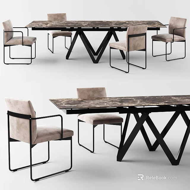 Modern Dining Table Set with Marble Top Black Metal Legs and Light Gray Chairs 3d model 