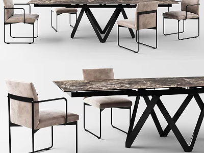 Modern Dining Table Set with Marble Top Black Metal Legs and Light Gray Chairs 3d model