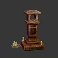 Traditional Sculpture Carving Featuring Green Roof Multi Tiered Structure And Base Small Candle Like Objects