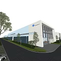 Modern Industrial Factory Building With Metal Exterior Large Glass Windows And Surrounding Landscaping