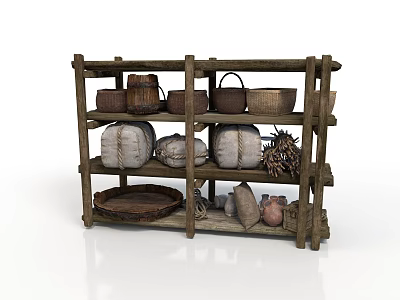 Rustic Wooden Shelf Displaying Clay Pots Woven Baskets Sacks And Wooden Tray 3d model