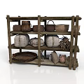 Rustic Wooden Shelf Displaying Clay Pots Woven Baskets Sacks And Wooden Tray