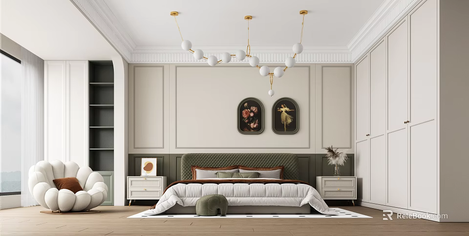 Modern Bedroom Interior With Upholstered Headboard Bed Nightstands Decorative Paintings Chandelier And Paneled Walls 3d model 