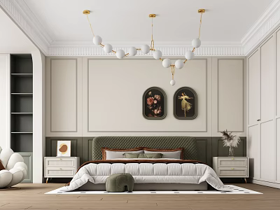 Modern Bedroom Interior With Upholstered Headboard Bed Nightstands Decorative Paintings Chandelier And Paneled Walls 3d model