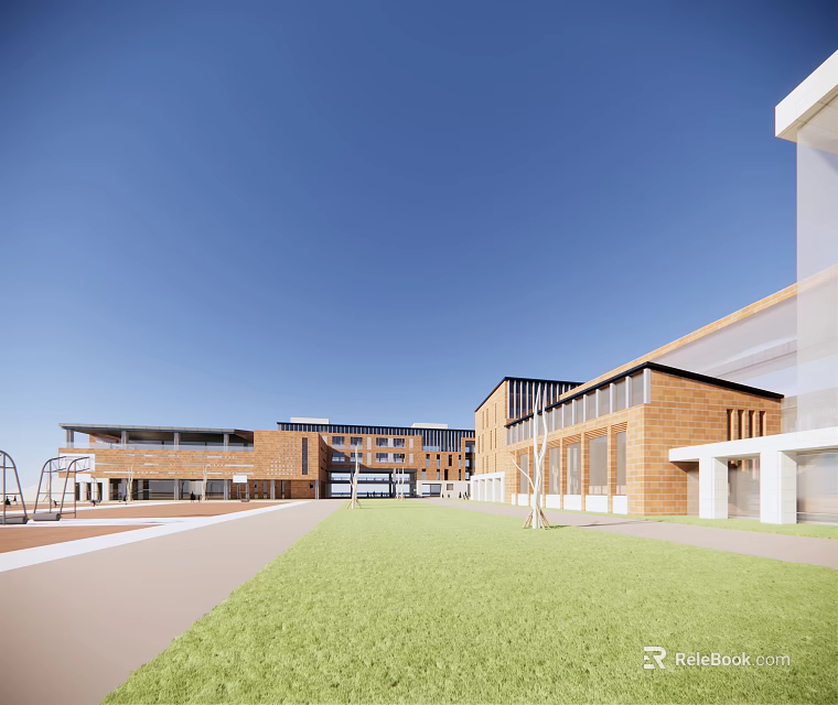 Modern Red Brick School Building With Large Glass Windows Green Lawn And Playground 3d model 