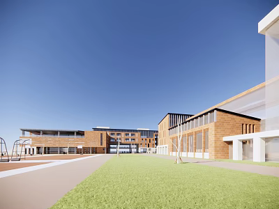 Modern Red Brick School Building With Large Glass Windows Green Lawn And Playground 3d model