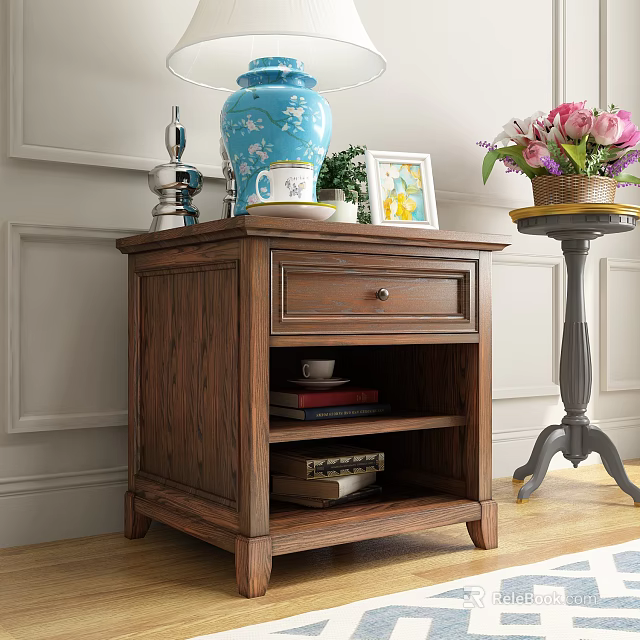Rustic Wooden Nightstand with Drawer and Shelf Featuring Vase Lamp Photo Frame and Books 3d model 