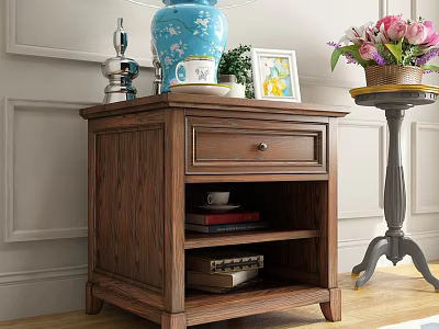 Rustic Wooden Nightstand with Drawer and Shelf Featuring Vase Lamp Photo Frame and Books 3d model