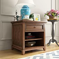 Rustic Wooden Nightstand with Drawer and Shelf Featuring Vase Lamp Photo Frame and Books
