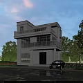 Modern Two Story Detached Villa With Large Windows Balcony Car On Driveway And Green Trees