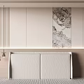 Modern Minimalist Bed Accent Wall With Slats Lighting And Ink Painting