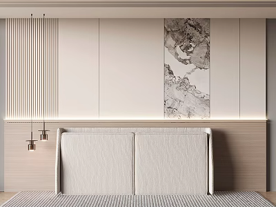 Modern Minimalist Bed Accent Wall With Slats Lighting And Ink Painting 3d model