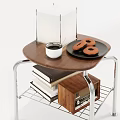 Wooden Top Side Table with Metal Frame White Cup Plate Cookies Books and Vintage Radio