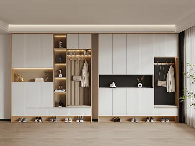 Modern Shoe Cabinet Design With White Cabinetry Coat Hanging Area Shoe Storage And Wooden Floor 3d model