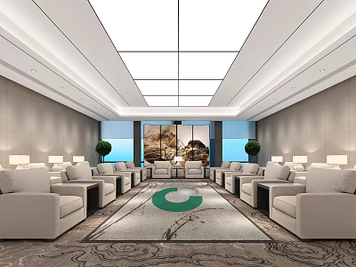 Elegant Hotel Public Lounge With Spacious Beige Sofas Patterned Carpet And Green Plants 3d model