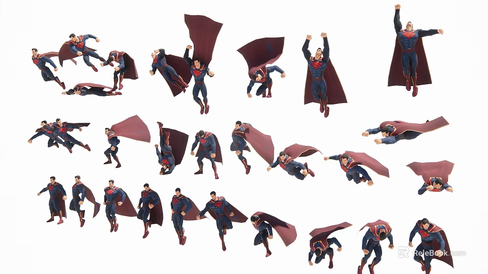 Superman Game And Movie Character In Multiple Action Poses With Red Cape 3d model 