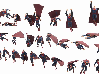 Superman Game And Movie Character In Multiple Action Poses With Red Cape 3d model