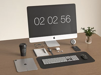 Modern iMac Desktop Setup On Wooden Desk With Keyboard Mouse iPad Smartwatch And Green Plant 3d model