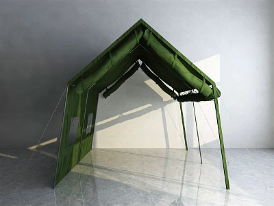 Durable Green Military Camping Tent with Peaked Roof and Support Poles 3d model