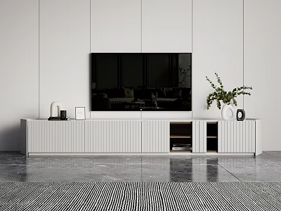 Modern White TV Stand Design With Drawers Cabinets TV Green Plant Vase And Striped Rug 3d model