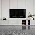 Modern White TV Stand Design With Drawers Cabinets TV Green Plant Vase And Striped Rug