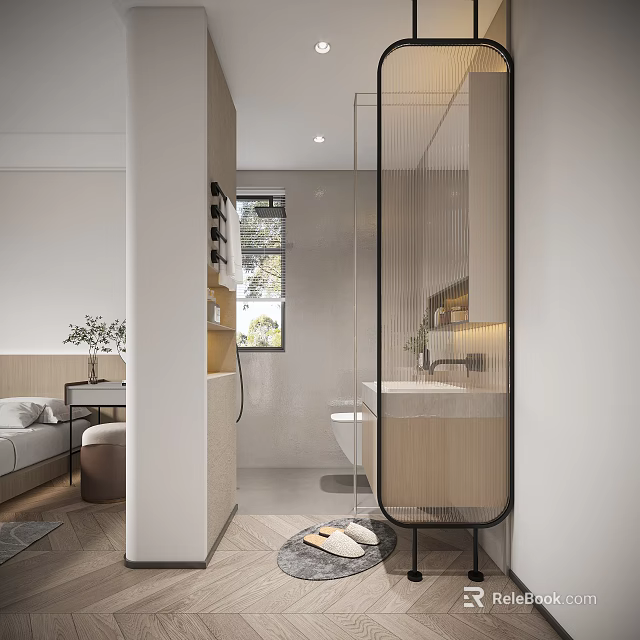 Elegant Modern Bathroom Interior With Glass Partition Vanity Toilet Towel Rack And Greenery 3d model 