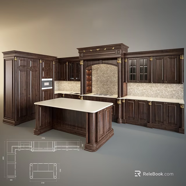 Classic Dark Wood Kitchen Design With Island Counter And Glass Door Cabinets 3d model 