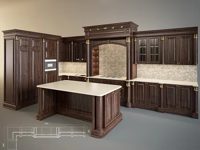 Classic Dark Wood Kitchen Design With Island Counter And Glass Door Cabinets 3d model