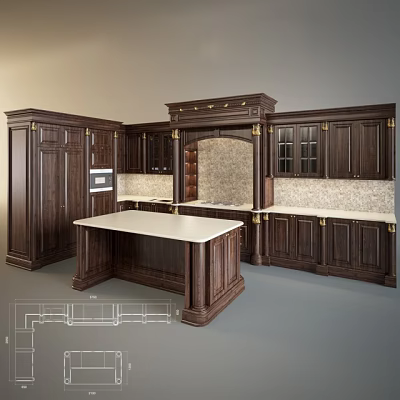 Classic Dark Wood Kitchen Design With Island Counter And Glass Door Cabinets 3d model