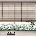 Venetian Blinds on Large Window with Green Forest View and Tray with Teacups and Plant