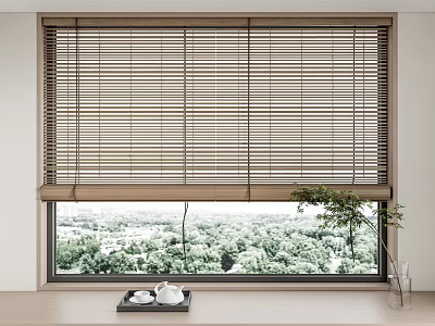 Venetian Blinds on Large Window with Green Forest View and Tray with Teacups and Plant 3d model