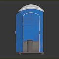 Blue Portable Toilet Interior Featuring Open Door White Roof And Black Bin