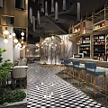 Elegant Modern Restaurant Interior With Pendant Lights Decorative Walls And Checkerboard Floor