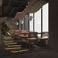 Cozy Restaurant Interior With String Lights Moon Decorations Brick Wall And Wooden Chairs