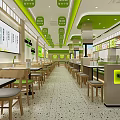 Bright Restaurant Interior With Green Ceiling Hanging Signs Menu Posters And Service Counter