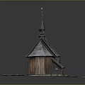 Wooden Church Building With Spire Sloped Roof Walls Windows And Grass Surroundings